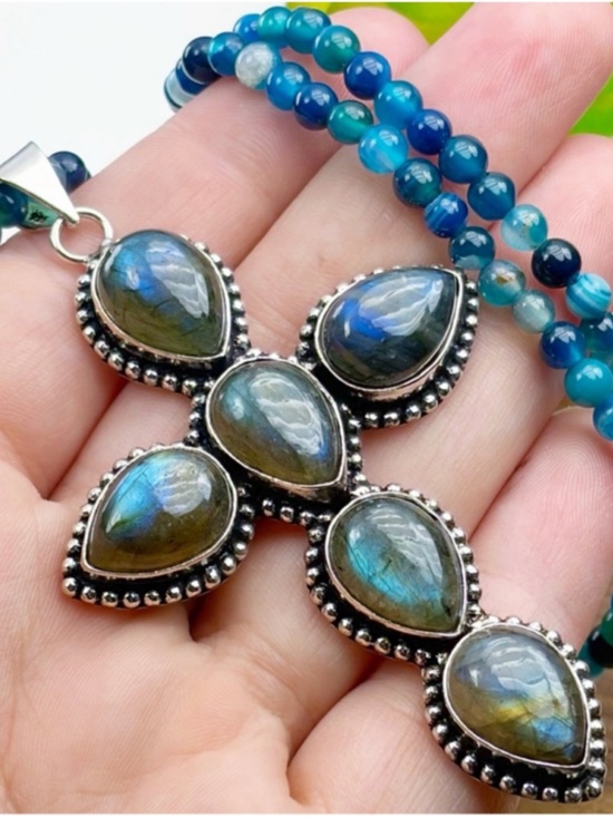 Southwest Jewelry - XL Flash Labradorite Cross Pendant Necklace Southwest Boho Vintage Style 925